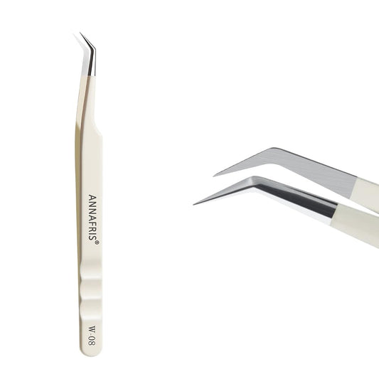 ANNAFRIS Lash Tweezers for Eyelash Extensions,Precision Fiber Tip for Volume Eyelash Extension,Lash Extension Tweezers for Easy Application and Removal (White, 1PC-08)