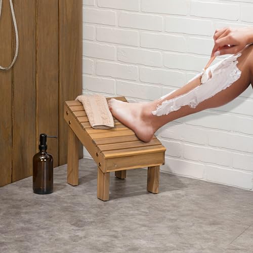 JONATHAN Y STL1004T Saru 11.8" Traditional Classic Solid Acacia Wood Shower Shaving Foot Stool, Light Teak