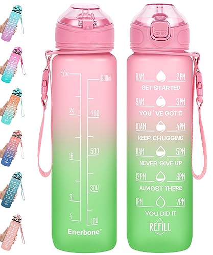 Enerbone 32 oz Drinking Water Bottle with Times to Drink and Straw, Motivational with Carrying Strap, Leakproof BPA & Toxic Free, Ensure You Drink Enough Water for Fitness Gym Outdoor