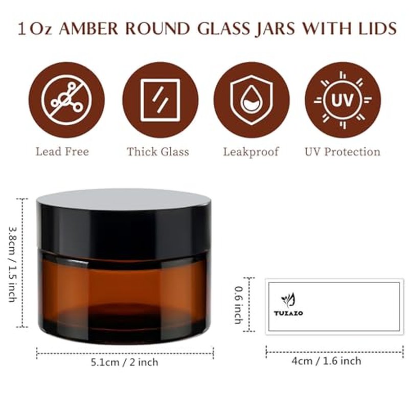 Amber Glass Jars 1 oz with Lids, 4 Pack Small Cosmetic Containers