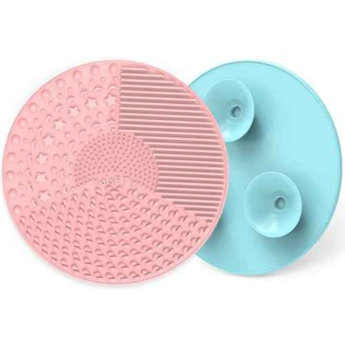 Silicone Makeup Brush Cleaning Mats with Suction Cups, Set of 2, Portable for Travel, Makeup Brush Cleaner Pads, For All Brush Types (Pink and Blue)