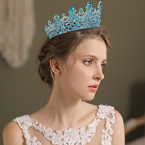 Aprince Aqua Blue Full Round Crystal Tiaras and Crowns for Women, Silver Queen of Hearts Crown Rhinestones Wedding Gifts for Bride Birthday Queen crown for women queen of hearts Accessories for Prom