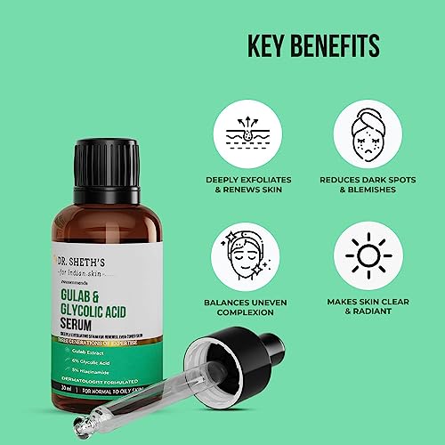 Dr. Sheth's Gulab & 6% Glycolic Acid & 5% Niacinamide Face Serum | Improves Skin Texture & Uneven Skin | Normal to Oily Skin | Sensitive Skin | 30ml