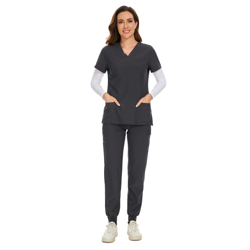 COZYFIT Scrubs for Women Set - Stretch V-Neck Scrub Top & Jogger Pant with 8 Pockets, Yoga Waistband, Anti Wrinkle, Slim Fit Women Scrubs