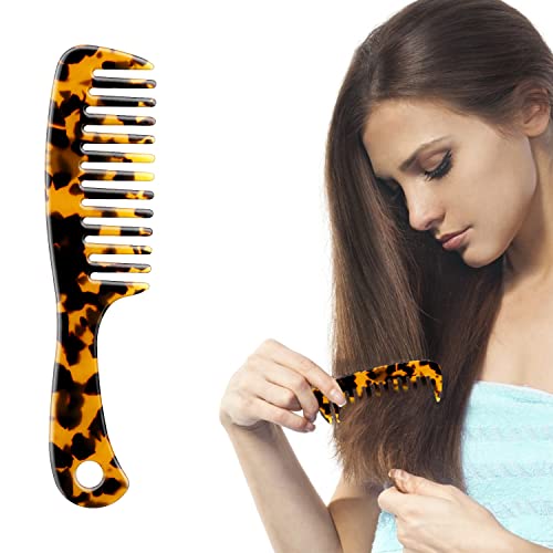 Large Wide Tooth Hair Comb, LADYAMZ [Tortoise Shell] Cellulose Acetate Round Tooth Comb for Straight/Curly Hair,Short/Long Hair Women Men or Kids, Easy Detangling Wet or Dry, Anti-static (Brown)