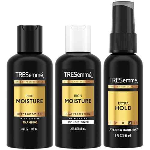 TRESemm? Travel Shampoo, Conditioner & Hairspray ? Rich Moisture Hair Products + Non-Aerosol Hair Spray, 24H Frizz Control (3 Piece Set)