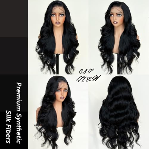 Black Glueless Wigs for White Women 26 Inch Pre Layered Body Wave Synthetic lace front Wigs - Pre Plucked 13¡¿6 HD Lace Front Synthetic Wig Pre Plucked with Tiny Knots Natural Hairline Wear and Go
