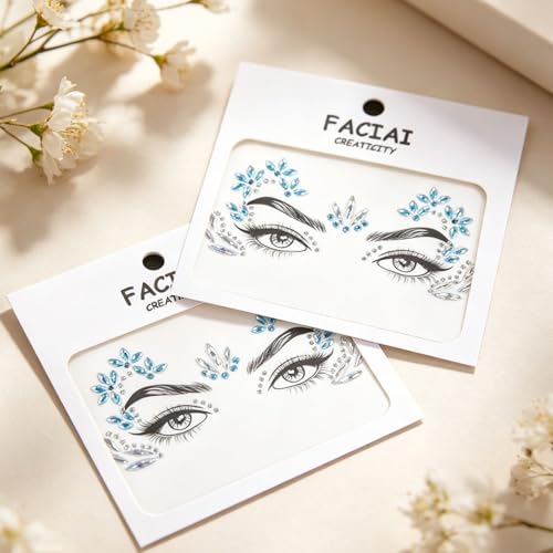 Blue Crystal Face Gem Stickers - 2 Sheets Rhinestone Tattoos
