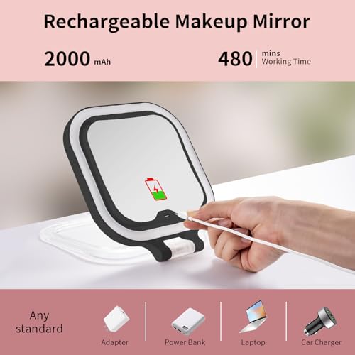DESCHEN 7-Inch Travel Makeup Mirror with Lights & 10X Magnification - Black