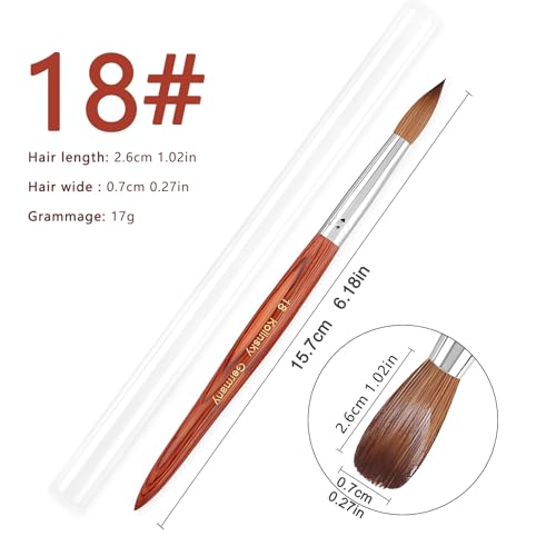 Kolinsky Acrylic Nail Brush Size #18, Pure Kolinsky Nail Art Brushes for Nails Art Extension & Acrylic Powder Application, Red Wood Hand Nail Brush Salon-Grade Manicures Home