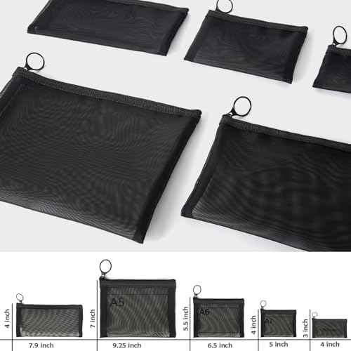 patu Zipper Mesh Bags, Pack of 5 (XS/S/M/L & Long Pouch), Beauty Makeup Cosmetic Accessories Organizer, Travel Toiletry Kit Set Storage Case, Black