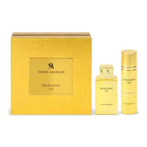 Swiss Arabian Shaghaf Oud - Eau de Parfum and Body Spray Perfume Set - Long Lasting Arabian Perfume with Saffron, Praline, and Vanilla - 2 pc
