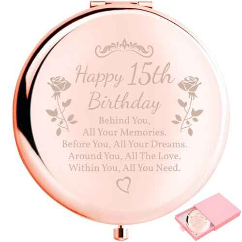 Birthday Gifts for Women Makeup Mirror 10th-85th Birthday Gifts for Sister Mom BFF Daughter Grandma Granddaughter - Milestone Birthday Presents 2-in-1 Compact Mirror (15th Birthday)