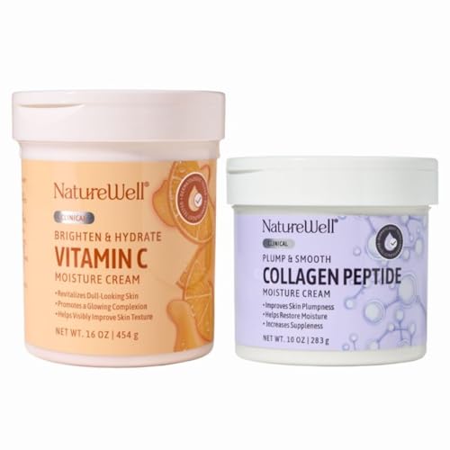 NATURE WELL Clinical Vitamin C 16oz & Collagen Peptide 10oz Moisturizing Cream Bundle for Face, Body, & Hands, Plump & Nourish, Brighten & Smooth, Provides Intense Hydration For Dry & Dull Skin