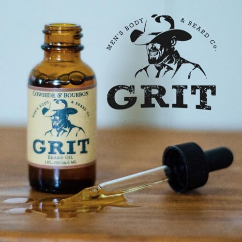 GRIT Cowhide & Bourbon Premium Beard Oil (1 Fl oz) | Coconut Oil, Vitamin E | Beard Oil for Grooming | Hydrating Conditioning Oils | Softens Brittle & Dry Facial Hair |
