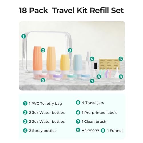 BAGSMART 18 Pack TSA Approved Travel Bottles for Toiletries, Leak Proof Silicone Travel Size Containers Bottles for Shampoo, Purple