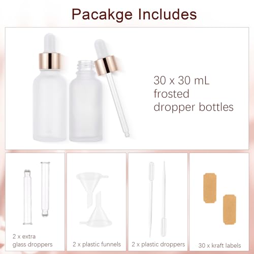 30ml Frosted Glass Dropper Bottles (30-Pack) with Caps & Labels