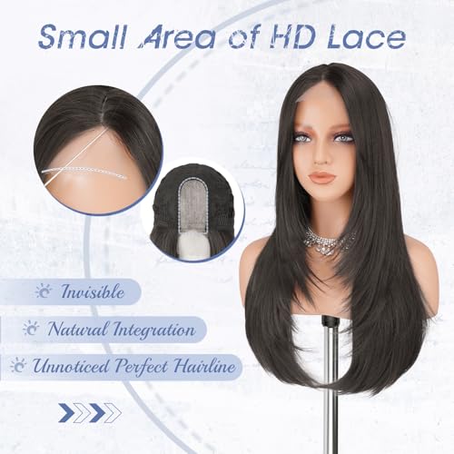 Haloo Brown Wig with Curtain Bangs - 24-Inch Lace Front Synthetic Wig