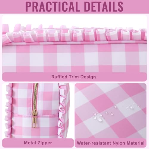 Gingham Ruffle Makeup Bag,Large Travel Cute Cosmetic Bag for Women Girls,Toiletry Bag Make up Organizer 10.8 x 4.5 x 8 inch (Pink Gingham)