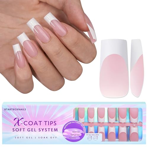 BTArtboxnails French Gel Nail Tips - French Tip Press on Nails Brown Medium Coffin XCOATTIPS Pre-applied Tip Primer & Base Coat, No Need to File Fake Nails for Nail Art DIY