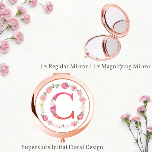 Jekiinova Rose Gold Floral Initial Compact Mirror Personalized Gift for Sister Women