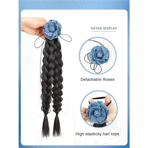 Braided Ponytails Rose Flower Braided Hair Extensions Synthetic Braid Wig with Elastic Hair Band Hairpieces for Women Girls 17.7 Inches Dark Brown