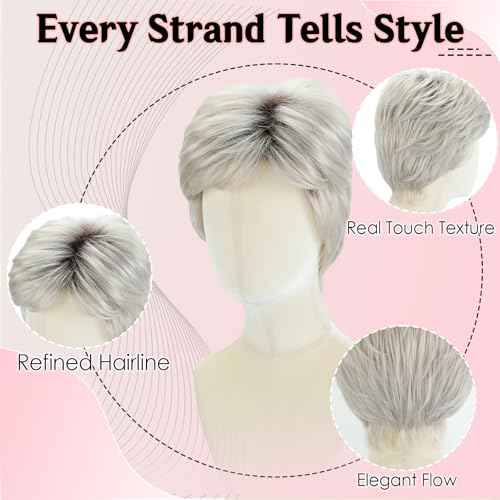 WIGYY Silver Grey Pixie Cut Wig for White Women, Short Curly Synthetic Wig with Bangs, Upgraded Glueless Cap, Heat-Resistant Lightweight Wig for Older Women Daily Wear