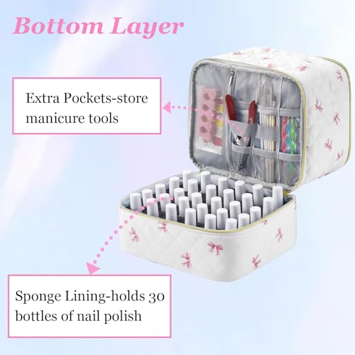 Pink Bow PU Leather Nail Polish Organizer with Nail Lamp Case, Holds 30+ Bottles