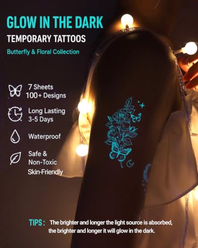 Glow in the Dark Butterfly Temporary Tattoos, 7 Sheets Waterproof