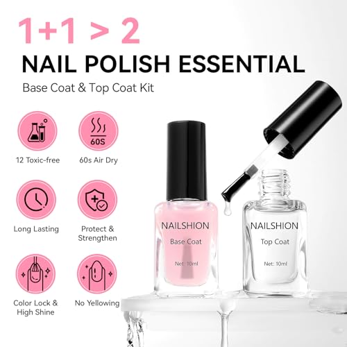 Nailshion Pink Base & Clear Top Coat Nail Polish Set
