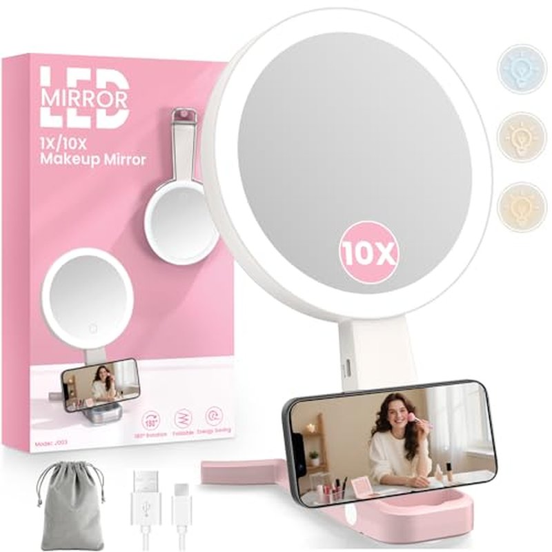 10X/1X Magnifying Makeup Mirror with 3 Color LED Lights