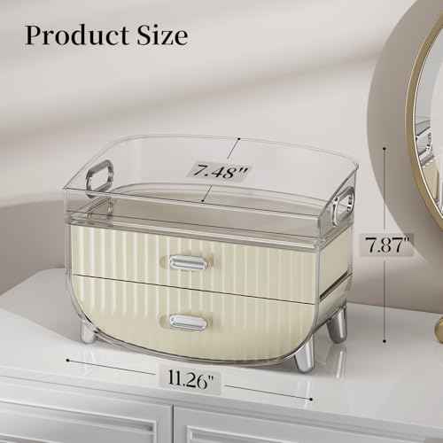 LAMU Makeup Organizer With 2 Drawers, Bathroom Storage With Four Non-Slip Feet And Dust-Proof, Simple And Stylish For Desktop, Vanity, Bathroom Countertops, White, Ideal Christmas Gifts for Girls
