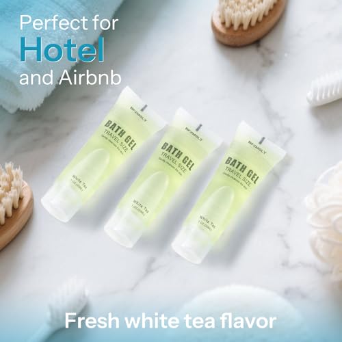 100 Pack Bulk Travel Size Body Wash, 1oz Tubes, White Tea Scent, Mini Shower Gel for Hotel Guests, TSA Approved Toiletries, Individually Sealed for Airbnb, Vacation Rentals