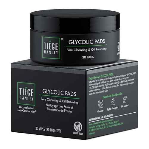Tiege Hanley Glycolic Acid Pads for Men, Exfoliating Face Cleansing Pads for Forehead, Nose & Cheeks, Facial Wipes with Glycolic, Salicylic & Lactic Acid, Men¡¯s Skin Care, 30 Count