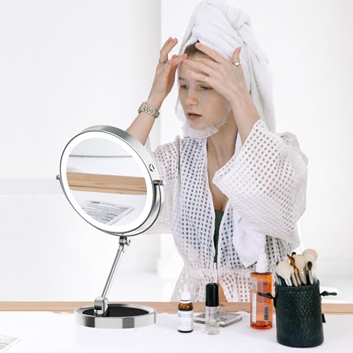 Rocollos 9-Inch Chrome Rechargeable LED Makeup Mirror with Vanity Tray & 10X Magnification