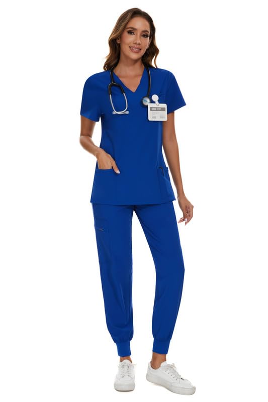 COZYFIT Scrubs for Women Set - Stretch V-Neck Scrub Top & Jogger Pant with 8 Pockets, Yoga Waistband, Anti Wrinkle, Slim Fit Women Scrubs