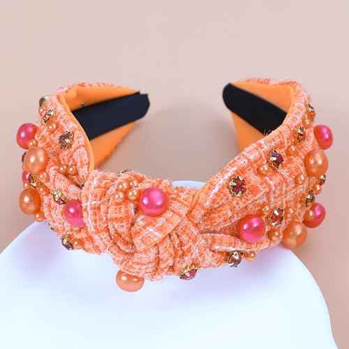 Thanksgiving Knotted Headband Fall Autumn Headbands for Women Crystal Pearl Tweed Headband Jeweled Twist Knot Hairband for Girls Thanksgiving Headpiece Hair Accessories