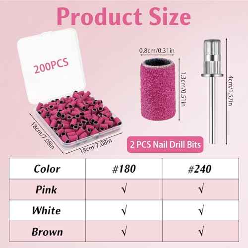 BEVTEE 200Pcs Sanding Bands for Nail Drill, 180 Grit Small Nail Sanding Bands, with 2pcs 3/32'' Nail Drill Bits, for Acrylic Nails Gel Manicures and Pedicure, Pink, Including a Dedicated Organizer