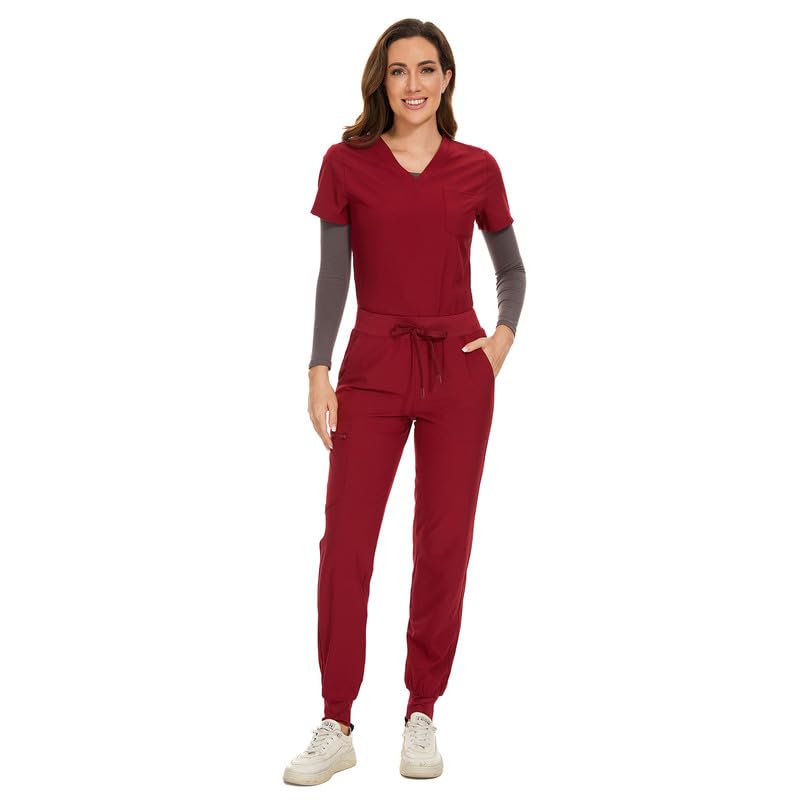 COZYFIT Scrubs for Women Set - Stretch V-Neck Scrub Top & Jogger Pant with 8 Pockets, Yoga Waistband, Anti Wrinkle, Slim Fit Women Scrubs