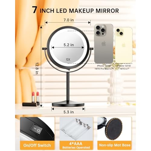 Gospire 7" Lighted Makeup Mirror with Magnification 10X/1X Double Sided, Round Magnifying LED Vanity Standing Cosmetic Shaving Mirror with Battery Operated, Cordless Portable for Bathroom Bedroom