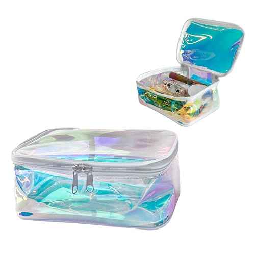 TPU Holographic Clear Makeup Bags Bulk,Clear Storage Bag Toiletry Pocket Portable Zippered Iridescent Pouch Waterproof Cosmetic travel Bags with white zipppe for Women
