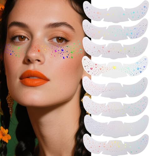 Holographic Face Glitter Tattoos, 8pcs Waterproof Star