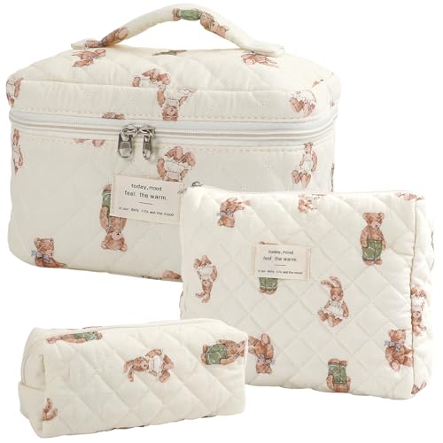 Large Quilted Makeup Bag for Women and Girls, Cute Coquette Floral Cotton Cosmetic Bag, Aesthetic Travel Organized Toiletry Bags (06-beige bears)