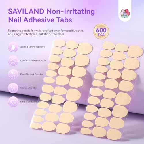 SAVILAND Plant-Based Nail Adhesive Tabs: 600 PCS Non-Irritating Nail Stickers for Press Ons Long Lasting Sticky Tabs Ultra-thin Breathable Nails Glue Sticker Home DIY Nails 15 Sizes