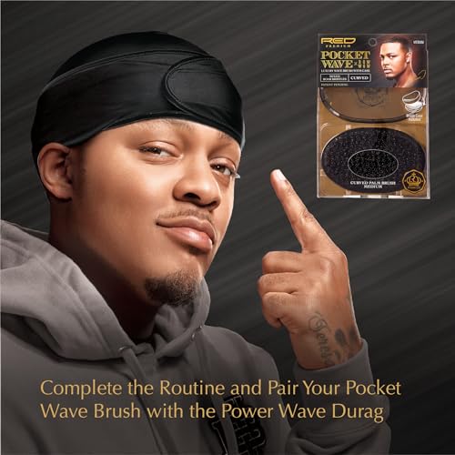 Red by Kiss Premium Pocket Wave Bow Wow Curved Palm Brush ? Boar Bristles for 360 Waves, Curved Design for Precision Control, Ideal for Coarse, Curly, Short Hair & Fades (Medium)