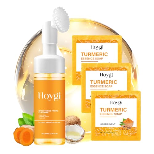 Turmeric Face Wash with Brush & Turmeric Soap Bar Care Set, 1pcs Facial Cleanser & 3pcs Soap Bar, Deep Cleansing for All Skin Types