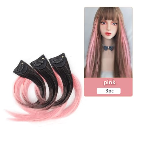 3PCS Colored Pink Straight Hair Extensions Synthetic Fibers, 3PCS Colored Hairpieces,Multicolor Clip in Colorful 20 Inch Hair Extensions for Girls Women's Gifts (3pcs Pink Hairpiece)