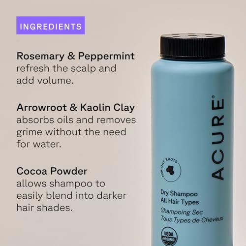Acure Dry Shampoo - Mini Powder Dry Shampoo for Women with Blonde & Dark Hair, Care to Refresh Treated Color Tinted Hair with Rosemary & Peppermint, Non Aerosol, Clean, 100% Vegan - 1.7 Oz Travel Size