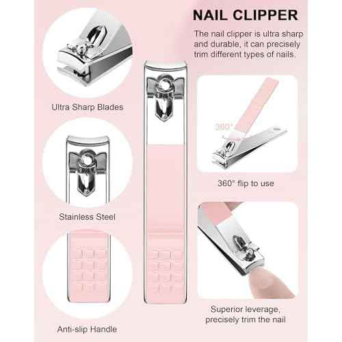 Cuticle Trimmer with Cuticle Pusher and Nail Clipper - 4 PCS Cuticle Cutter Nipper Remover Pedicure Manicure Tools, Professional Stainless Steel Dead Skin Clipper for Fingernails Toenails Pink