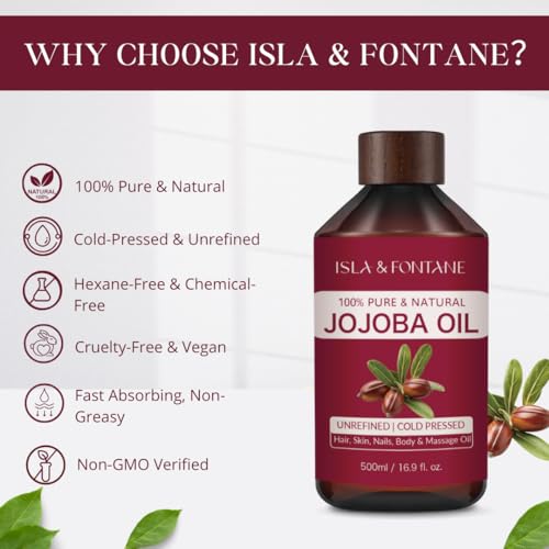 ISLA & FONTANE Jojoba Oil ? 500ml (17 fl oz) | 100% Pure & Natural | Golden, Unrefined, Cold Pressed | Hexane-Free Carrier Oil for Skin, Hair, Face, Nails & Body Moisturizing